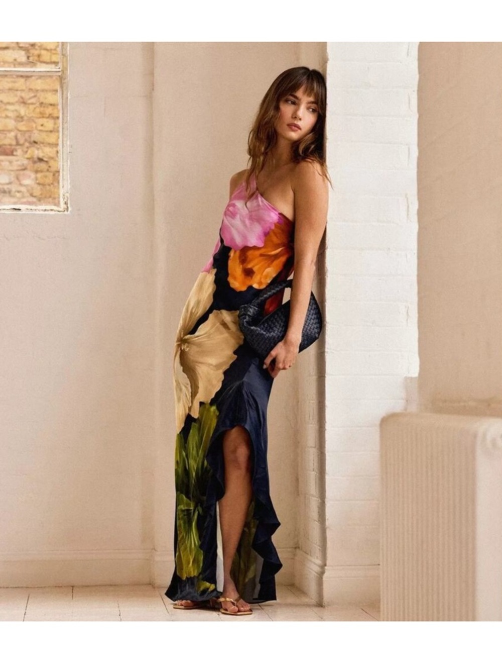 New Anthropologie One-Shoulder Asymmetric Floral Navy Maxi Dress, Sz. 12